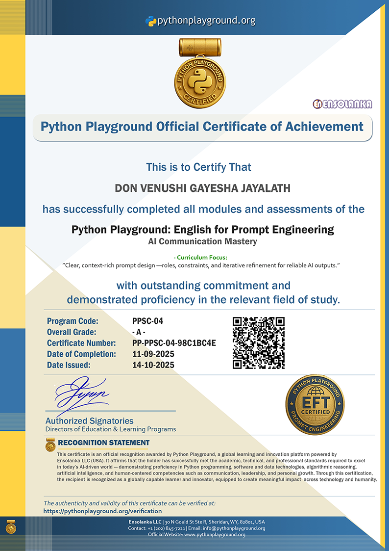 Sample Certificate — English for Prompt Engineering