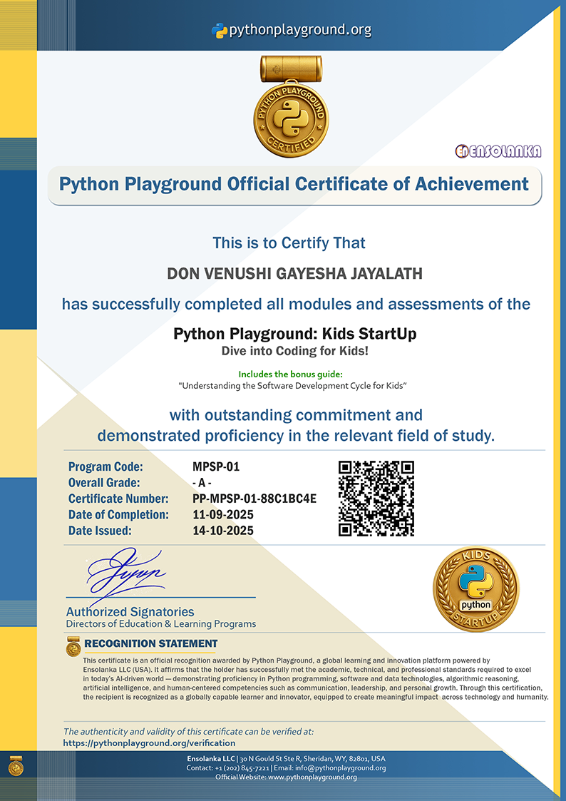 Sample Certificate — Kids StartUp